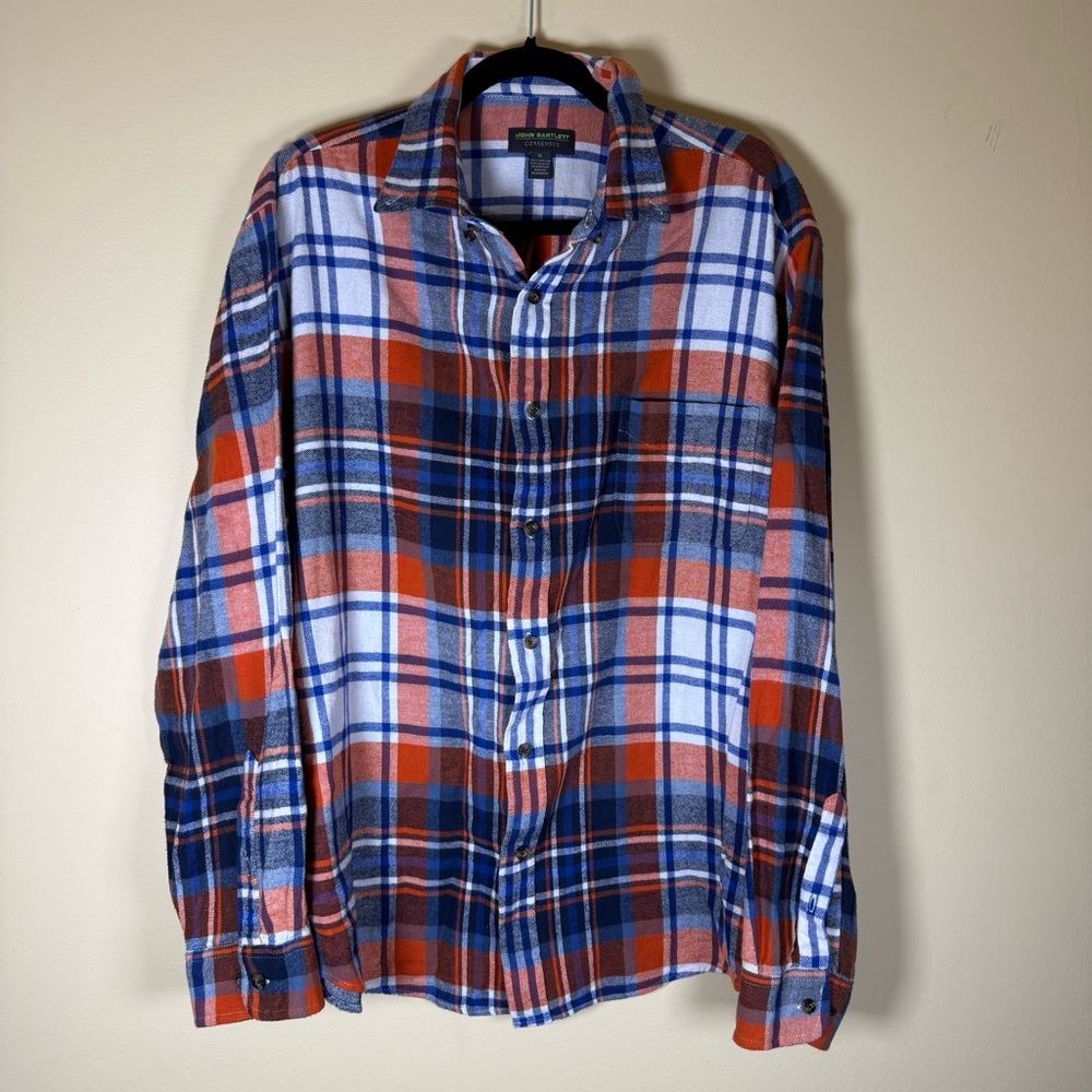John Bartlett Orange and Blue Plaid Button Down Flannel Shirt Size XL